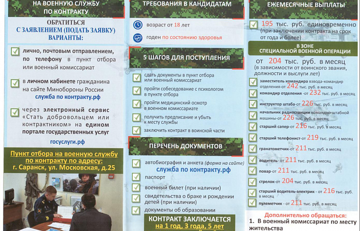 Военный комиссариат Республики Мордовия совместно с пунктом отбора на военную службу по контракту проводит отбор граждан для прохождения военной службы по контракту